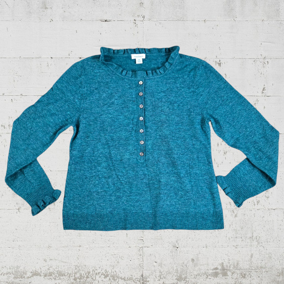 Sundance Green Ruffle Neck Henley Button Soft Cottage Sweater Size Medium Petite - Picture 1 of 6